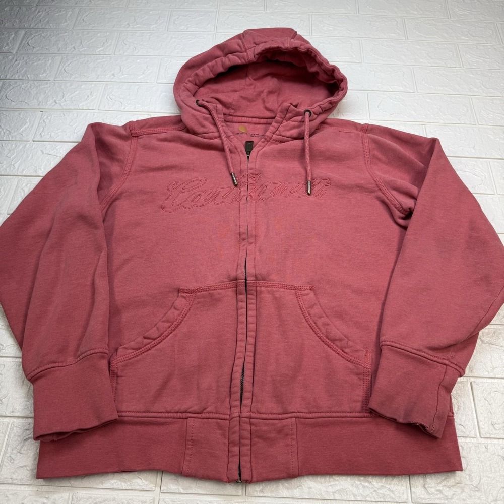 Carhartt Clarksburg Hoodie Womens L Full Zip Spellout Workwear Pink Fleece